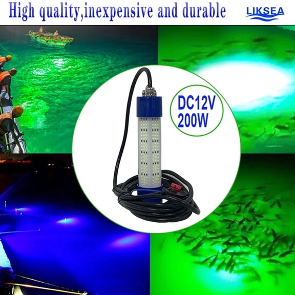 LIKSEA Brand 200W Green Light Underwater Fishing Light 12V DC Wire Length 196 Inches