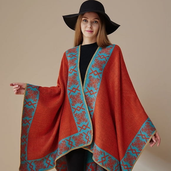 Nvzi Châles, Étoles, Poncho Cape Ouvert à l'Avant, Chandails Surdimensionnés, Cardigan Décontracté, Châles pour l'Automne et l'Hiver, Orange Bleu B
