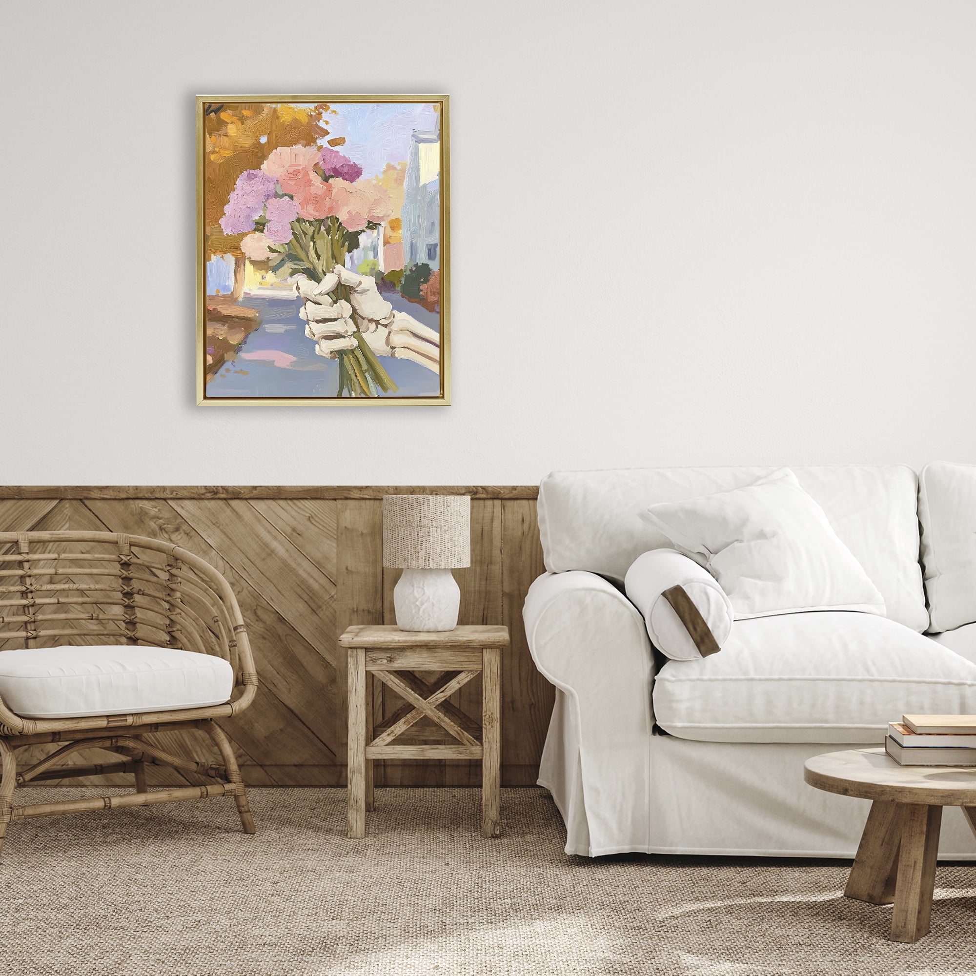 Stupell Industries Skeleton Hand Holding Flowers Gold Framed Floater Canvas Wall Art, design by The Prints Vibe