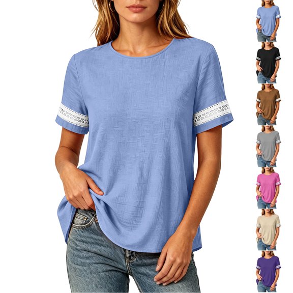 TGSLY Women's Eyelet Lace Trim Linen Tops Lightweight Crew Neck Solid Color Cotton Blouses Relaxed Dressy Casual Short Sleeve T-Shirts XXXL