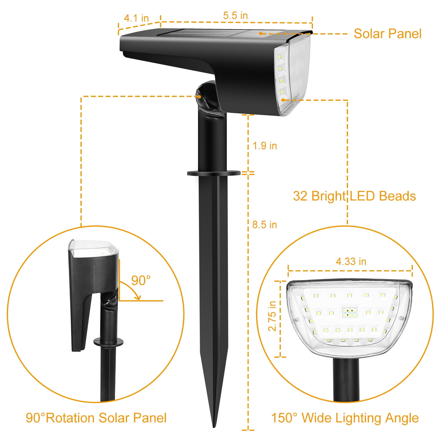 Solarek 4 Pack 32 LEDs On/Off Solar Garden Lamp Spot Light Outdoor Lawn Landscape Spotlight Lighting IP65 Waterproof