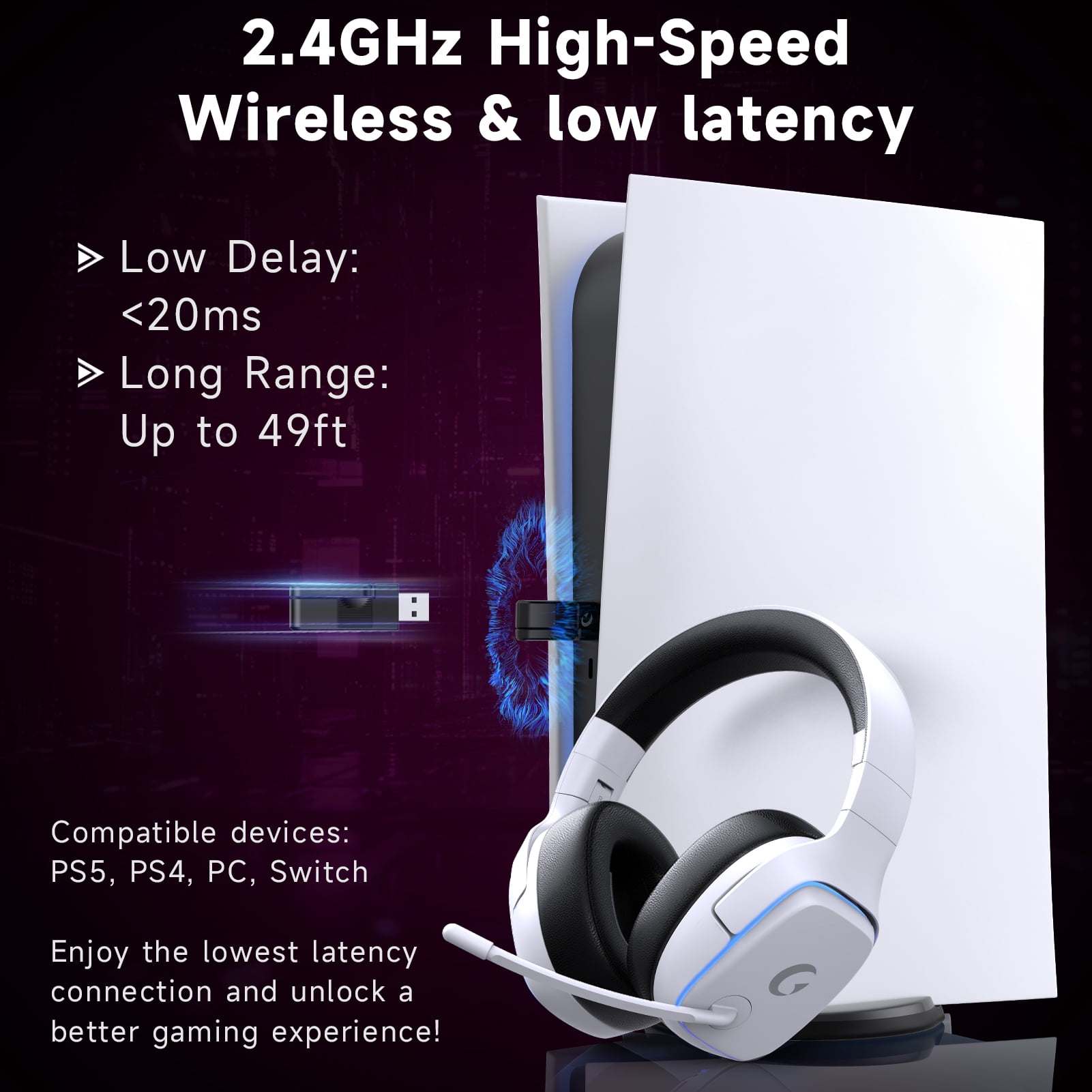 UDH Wireless Gaming Headset 2.4GHz for PS5/PS4/PC/Switch - Bluetooth 5.3 Headphones with Noise-Canceling Mic, 7.1 Surround Sound, 70H Battery Life, RGB Lights, Foldable, Portable - White
