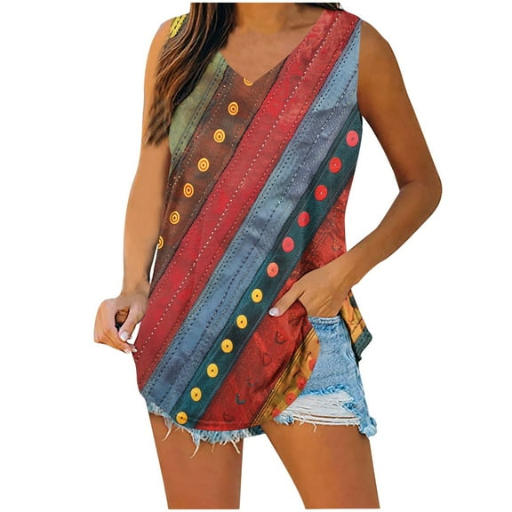 Women's Summer Tank Top Vintage Striped Vest Sleeveless Vneck Camisole Flowy Racerback Tunic Shirts