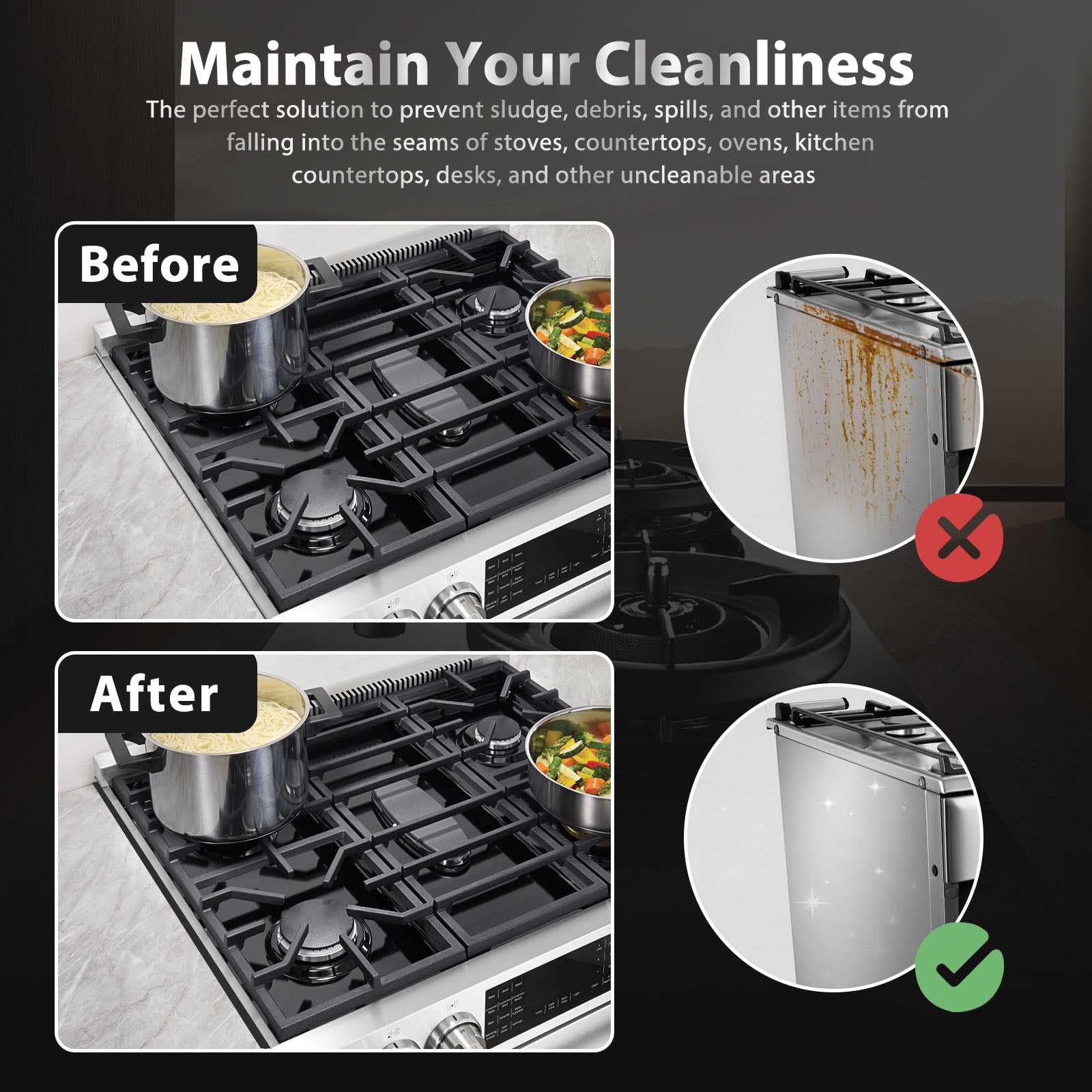 Stainless Steel Stove Gap Covers Stretchable Counter Filler Guard Removable Oven Side Protection (black )