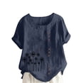 thumbnail image 2 of Lydiaunistar Hauts de Printemps pour Femmes Blouse Imprimée à Manches Courtes Boutonnée, Grande Taille Chemise en Polyester Col Rond pour Travail Quotidien Fête, Marine, 2 of 4