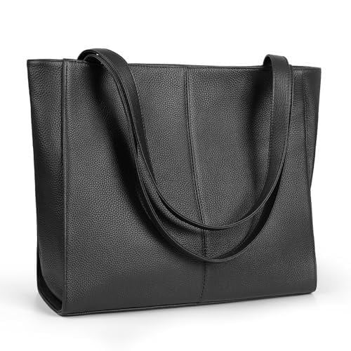 Full-Grain Leather Work Tote Shoulder Bag, Large Capacity Designer Style Satchel, Handbag with Luggage Sleeve
