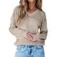 thumbnail image 3 of Women Knit Sweaters Fall V Neck Long Sleeve Pullover Casual Loose Sweater Khaki XS, 3 of 8