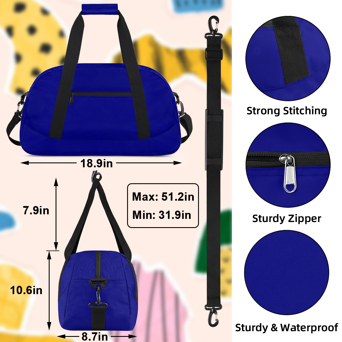 Herdesigns Navy Blue Sports Duffle Bag for Women & Men, Gym Bag Dance Bag Overnight Bag Carry On Weekender Travel Bag