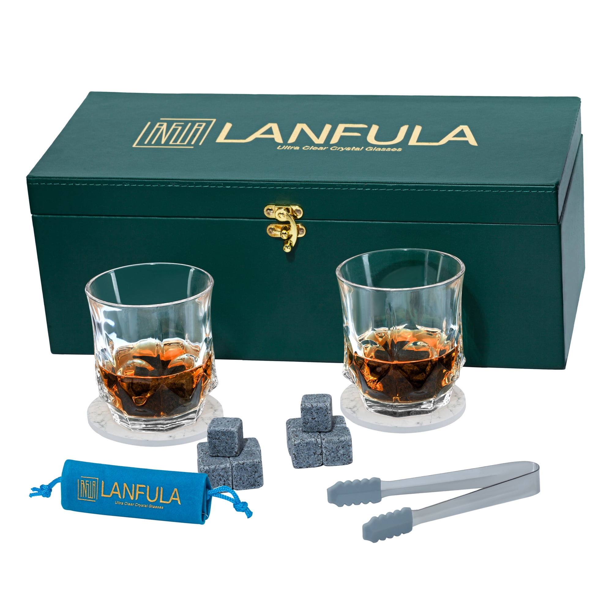 Lead Free Crystal Scotch Tumbler Set of 2 Unique Gift Box for Men/Dad/Husband/Friends LANFULA Double Old Fashioned Whiskey Glass 10 Oz