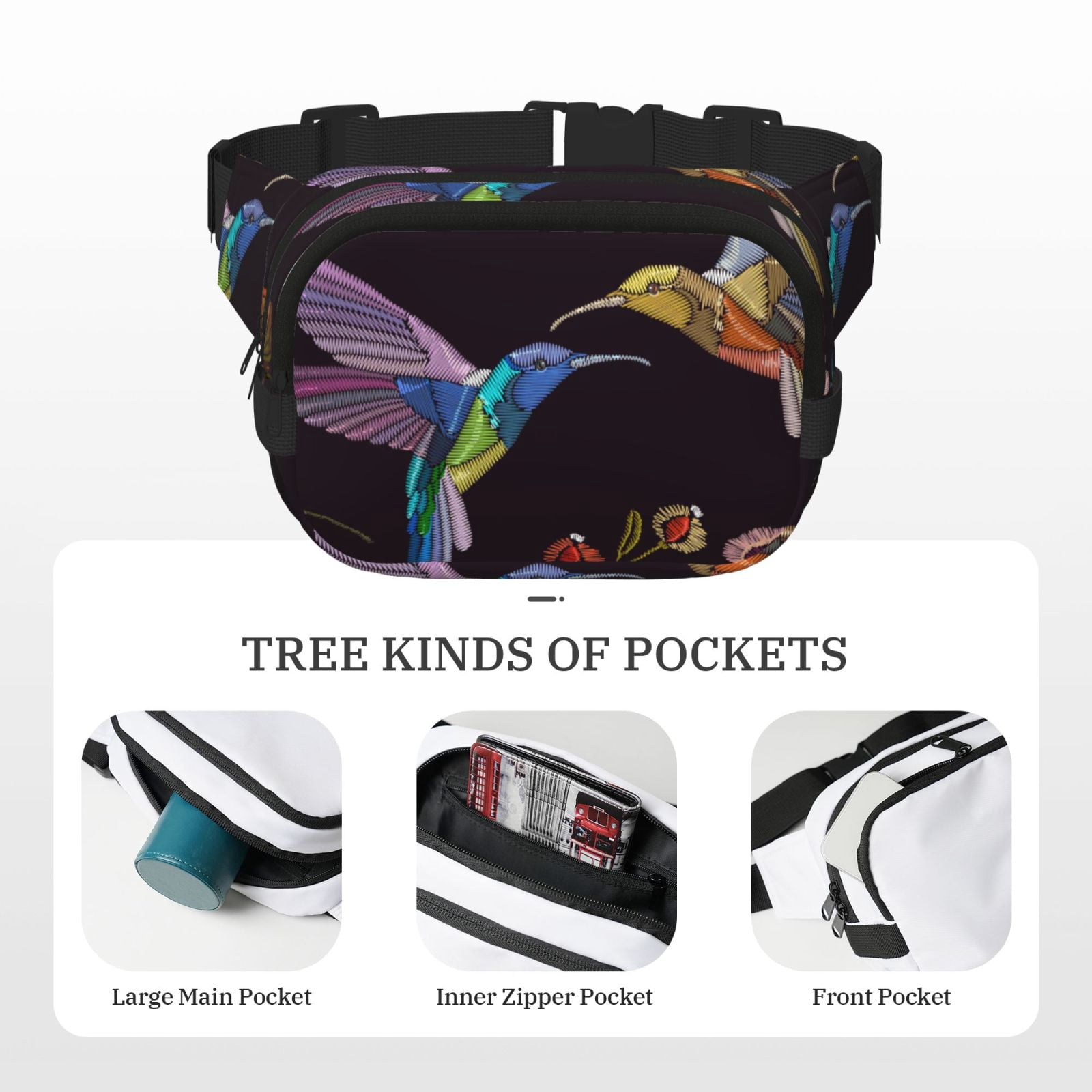 Kuqiui Humming Bird Print Fanny Packs for Women Cross Body Waist Bag Fashionable Fanny Pack Designer Workout Hiking Waist Pack Running Travel Gym