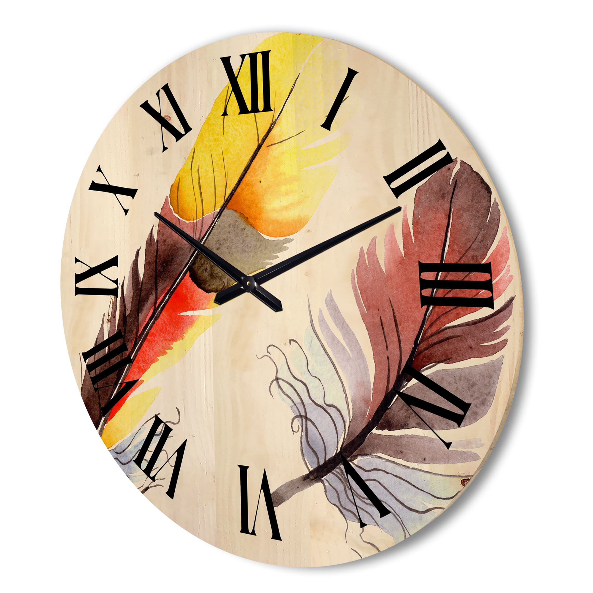Designart 'Colourful Boho Art Feathers IV' Bohemian & Eclectic Wood Wall Clock