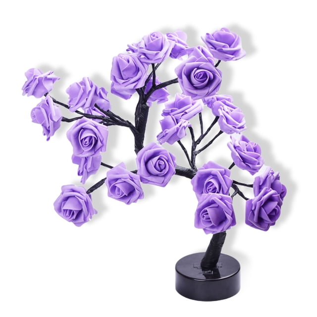 LED Rose Tree Nightlight Battery Operated Touch Desk Home Aesthetic Control Table Light Holiday Birthday Nightstand Bedside Lamp Party Decor Purple