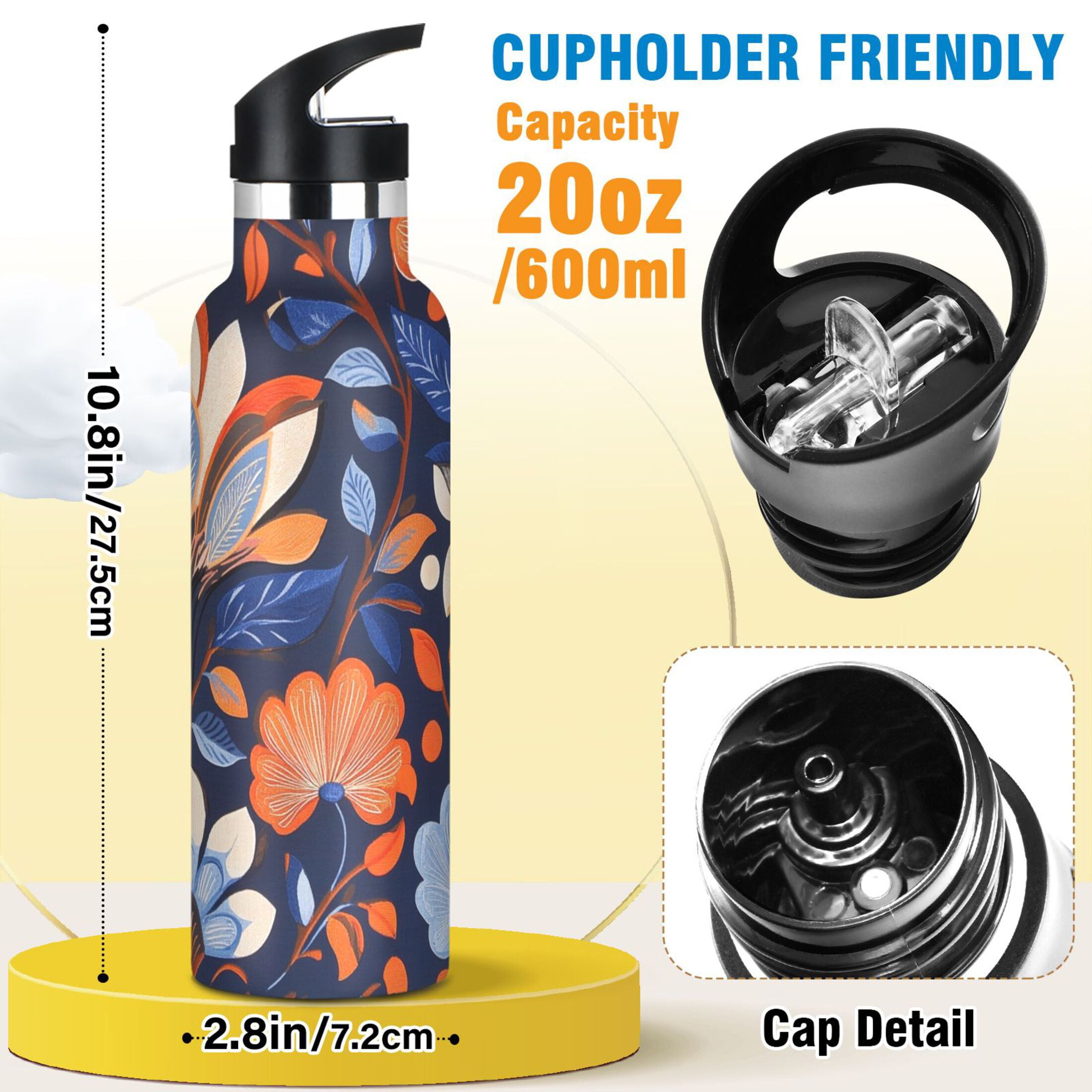 600ML Stainless Steel Insulated Cup Sports Water Bottle Portable Thermos Cup Water Glasses Insulated Tumblers Convenient and Durable Beautiful Orange Flowers