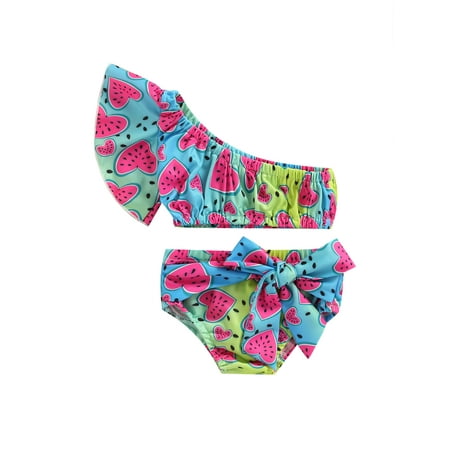 

Suanret Summer Kids Baby Girls Bikini Sets 2Pcs Watermelon Ruffles Fly Sleeve One Shoulder Tops+Bow Shorts Swimwear Multicolor 6-12 Months