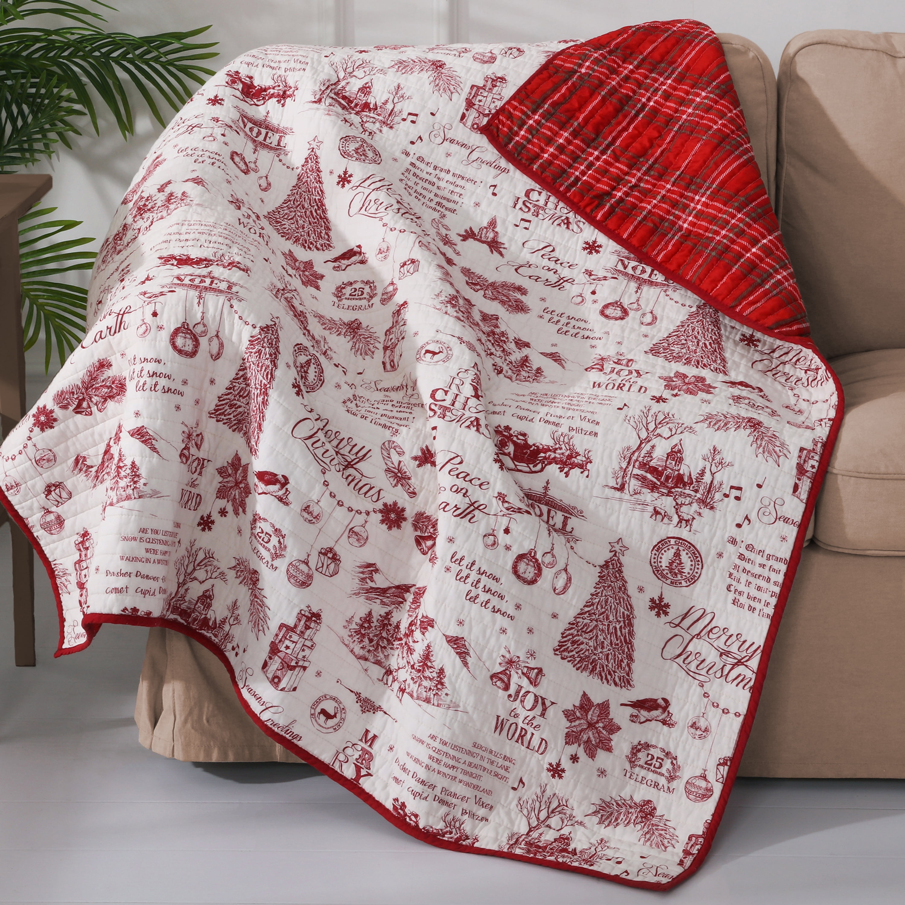Levtex Yuletide Quilted Throw 50x60in. Christmas Holiday Script