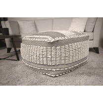 Brown & Beige Woven Texture Tufted Round Ottoman Pouf -Handcrafted Wool & Cotton Pouf Seat Footrest