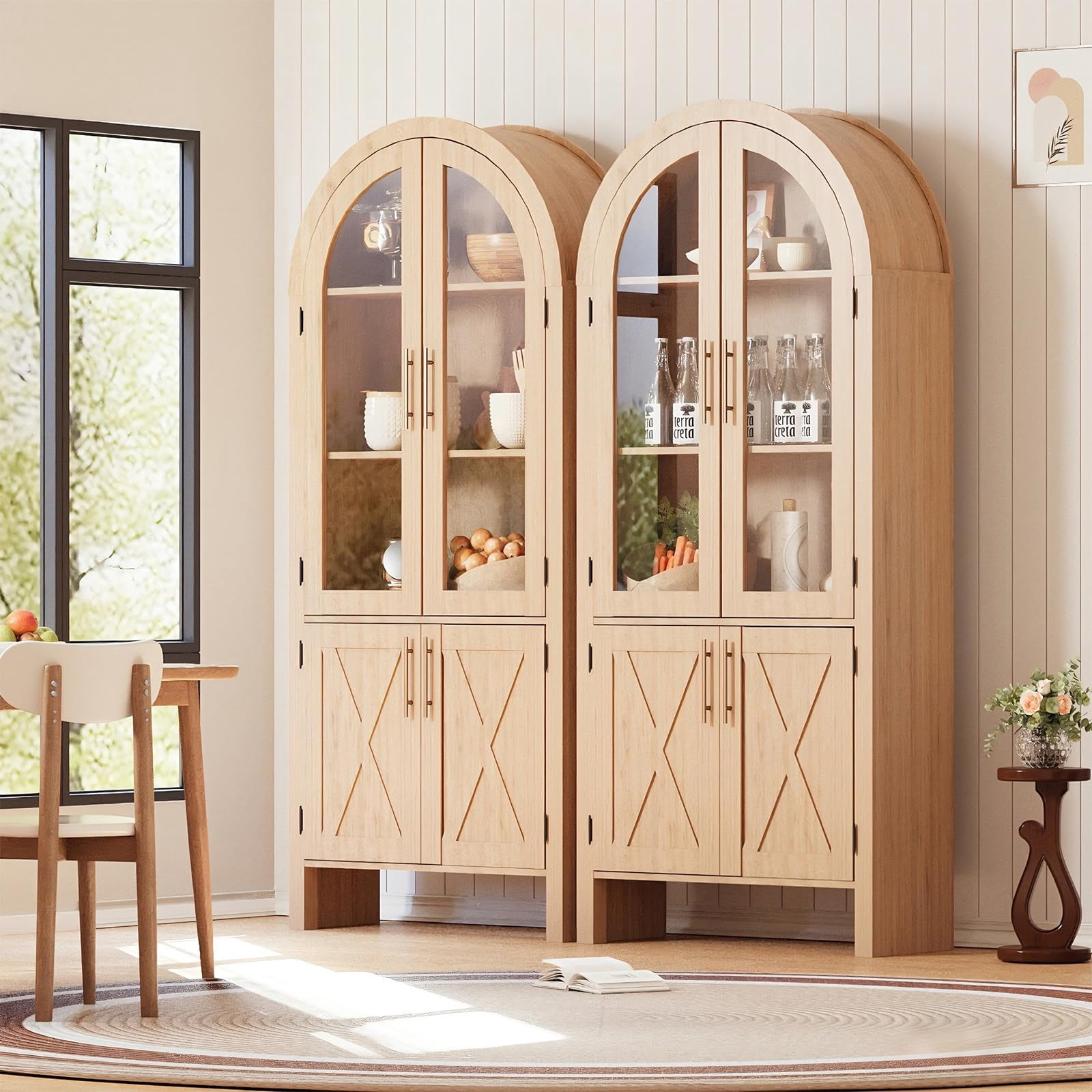 Accreate 60" Arched Display Cabinet with Fluted Details, Boho Glass Door Bookshelf, 5-Tier Tall Wood Pantry Cabinet, Arched Hutch Storage Cabinet for Entryway, Kitchen, Living Room