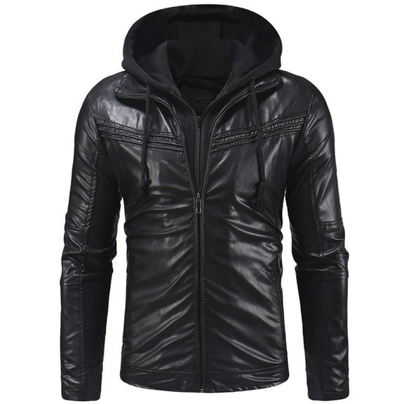 Odeerbi Clearance Hooded Casual Outwear Jackets for Men Solid Casual Double Zipper Access Control Leather Hooded Jacket Coats, Black