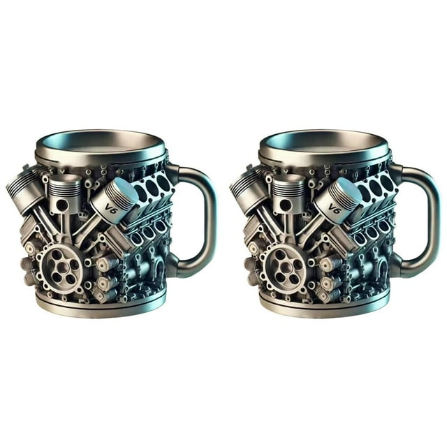 2X de Café de Acero Inoxidable con Motor V6, de Café con Asa Aislante para Amantes de los Autos.