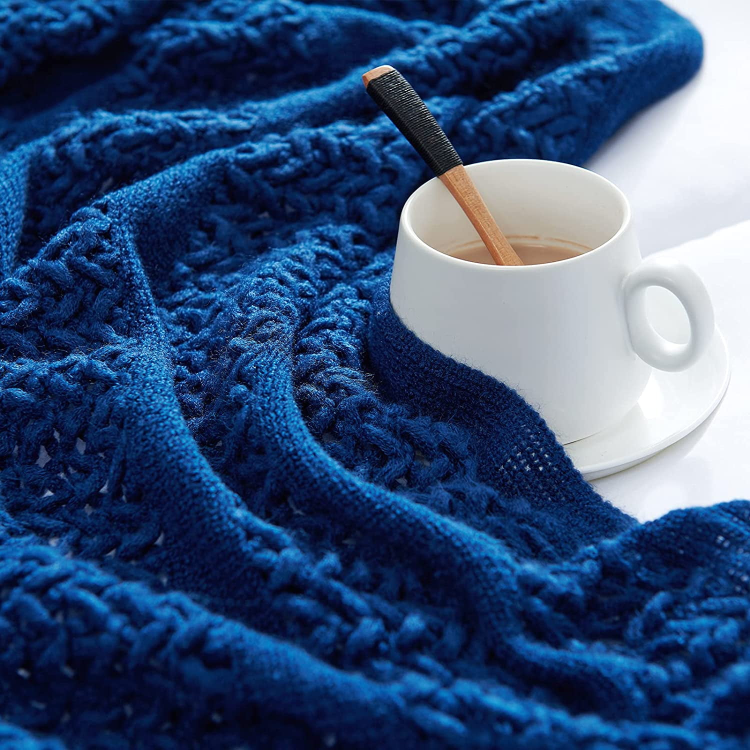 Chunky Throw Blanket Navy Blue Soft Knit Mesh Tassels Style Indoor Outdoor Travel Coverlet for Sofa Comforter Couch Bed Recliner Living Room Bedroom Nursery Gift Winter 50 x 60 inch Walmart