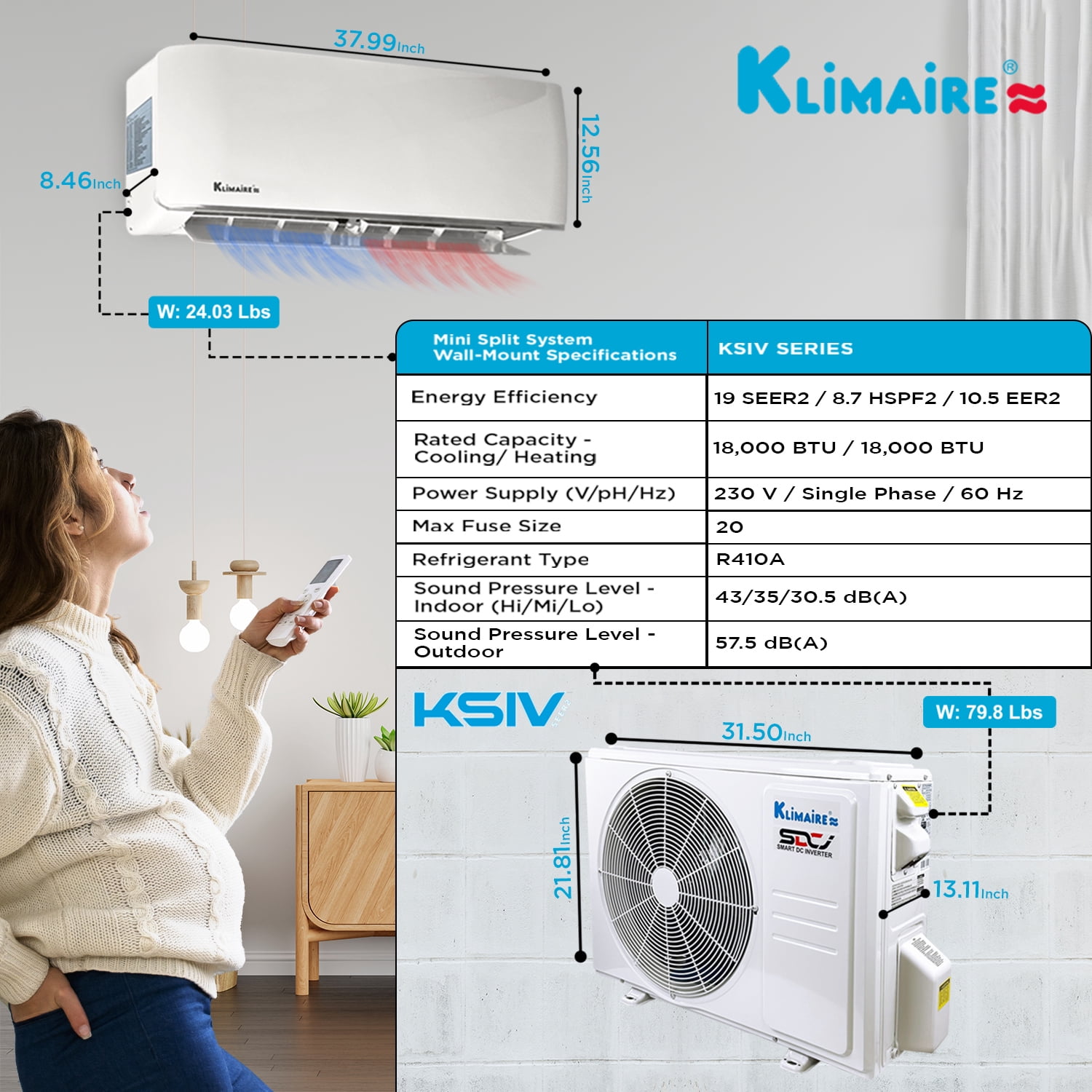 Klimaire 18,000 BTU 19 SEER2 Ductless Mini-Split Heat Pump Air Conditioner with Installation Kit, Up to 1,000 Sq. Ft.