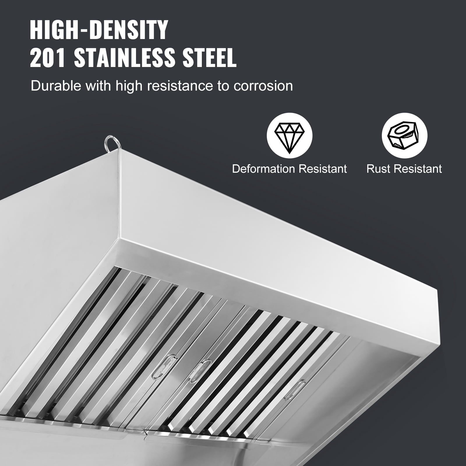 KFFKFF Range Hood, 5ft Commercial Stainless Steel Wall Mounted Exhaust Hood, with 2 Removable U-shaped Grease Filters, Durable and Resists Corrosion, Ideal for Restaurant