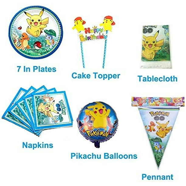 Lot de 98 fournitures de fête d'anniversaire Pokémons pour enfants et  garçons comprenant des décorations de gâteau d'anniversaire, des assiettes,  une nappe. 