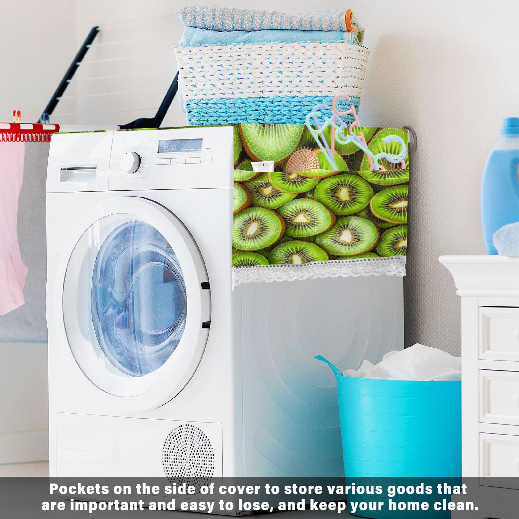Kiwi Fruit PatternWasher and Dryer Covers Dust-Proof and Oil Resistant Fridge Cover with 4 Storage Pockets Washing Machine Top Cover for Laundry Kitchen Home 51.2 x 22 In