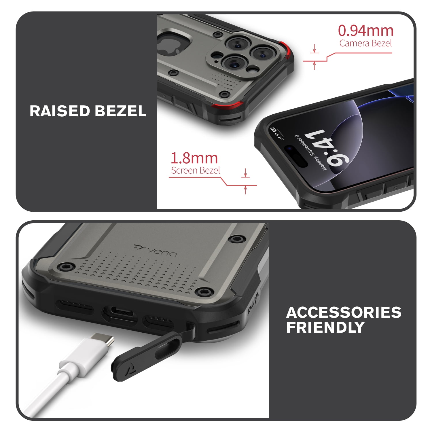 VENA vArmor Rugged Case for Apple iPhone 16 Pro (6.3"), (Military Grade Drop Protection) Magsafe Compatible and Heavy Duty Holster Belt Clip Cover with KickStand - Graphite Gray / Black