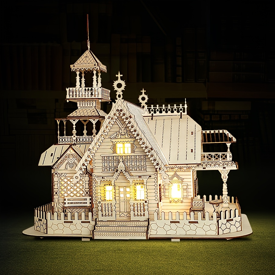 3D Puzzle House Hollow Villa Puzzle Model Kit, Villa DIY Model with LED Night Light, DIY Building Set for Adults, Home Decor, Miniature Diorama Kit, Valentine's Day Gift, Home Decoration