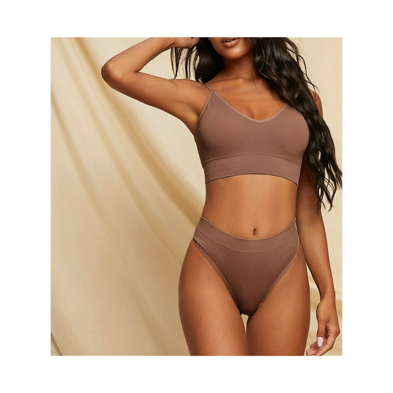 Women's Basic Ribbed Knit Bra and Panty Lingerie Set Seamless thin hang bra  with thong MOCHA M