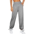 thumbnail image 3 of Pantalón de mujer cintura alta elástico Color puro cordón bolsillos sueltos deportes pierna ancha tobillo atado pantalones de mujer gris XXL, 3 of 6
