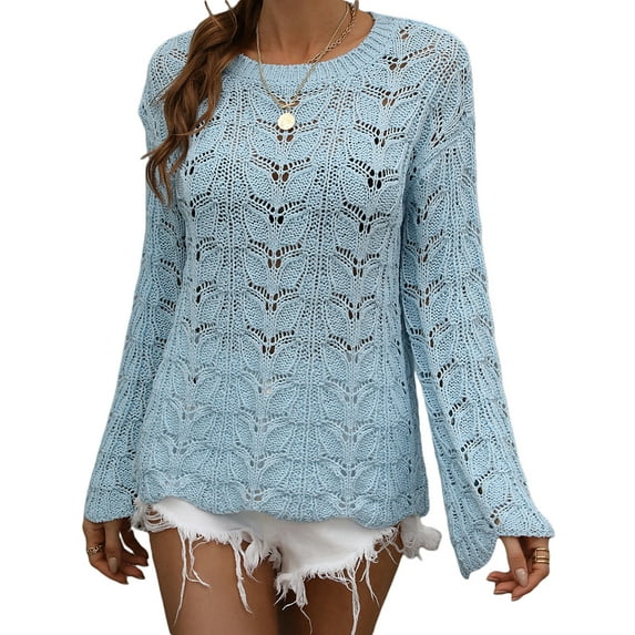 Liacowi Women Junioprs Knitted Crochet Pullover Hollow Out Long Sleeve Knitwear Loose Ripped Jumper Casual Tops
