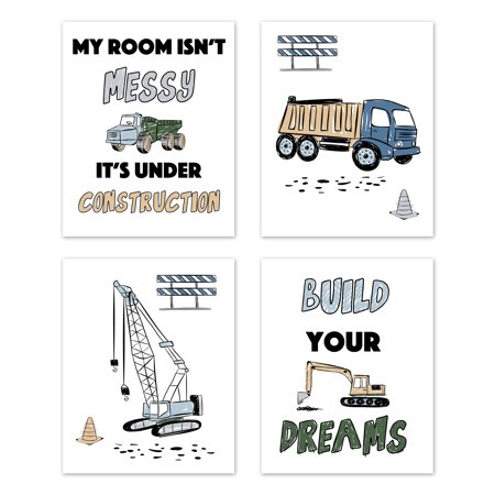 UPC: 0846480092070 | Construction Truck Green and Blue Art Paper Print (Set of 4) by Sweet Jojo Designs