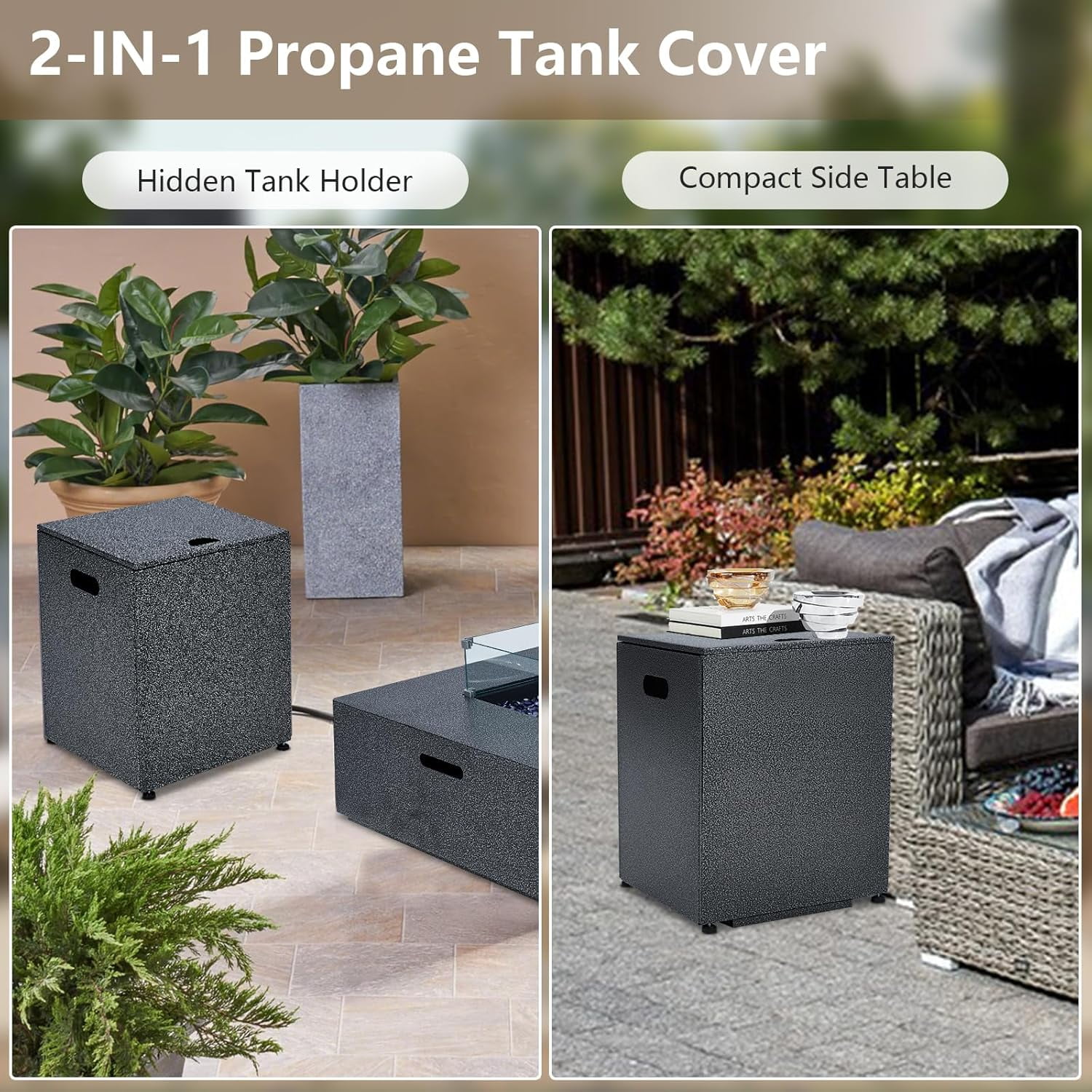 Towallmark Outdoor Fire Table, 36 inch Square Fire Table 50,000 BTU w 16 inches Tank Side Table, Wind Guard, Lava Rocks & Rain Cover for Garden, Pool, Porch, Backyard