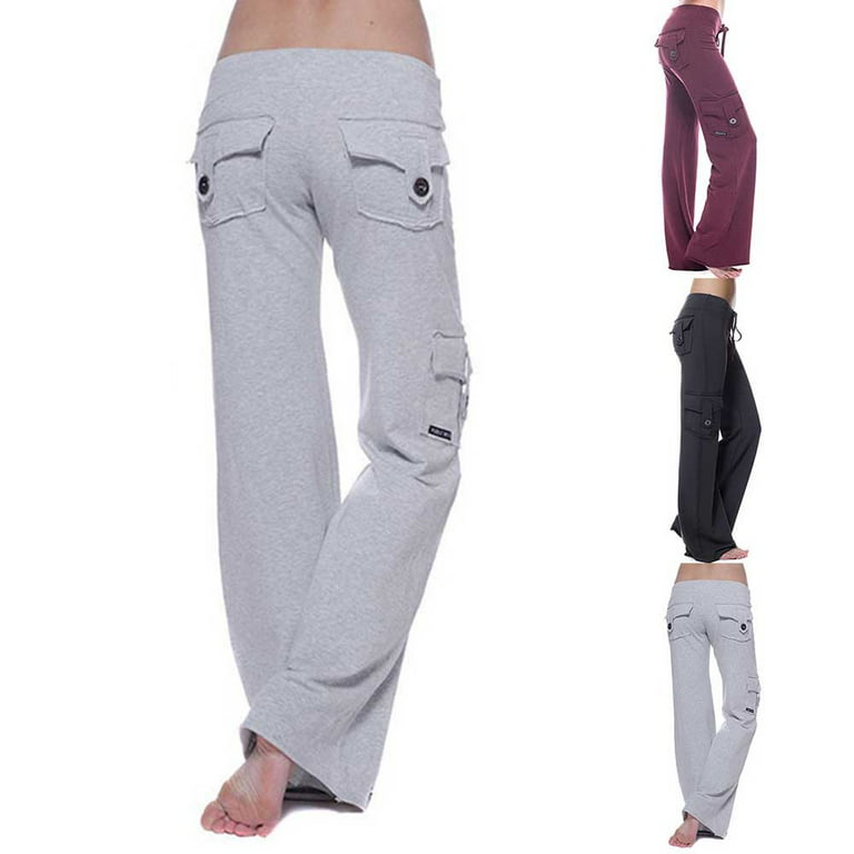 ALSLIAO Womens Casual Low Waist Pocket Flare Pants Solid Yoga Trousers  Stretch Bottoms Gray L 