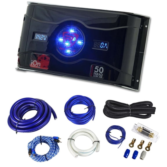 Rockville 50 Farad Hybrid LED Car Capacitor w/Dual Meters 0 Gauge Amp Wire Kit