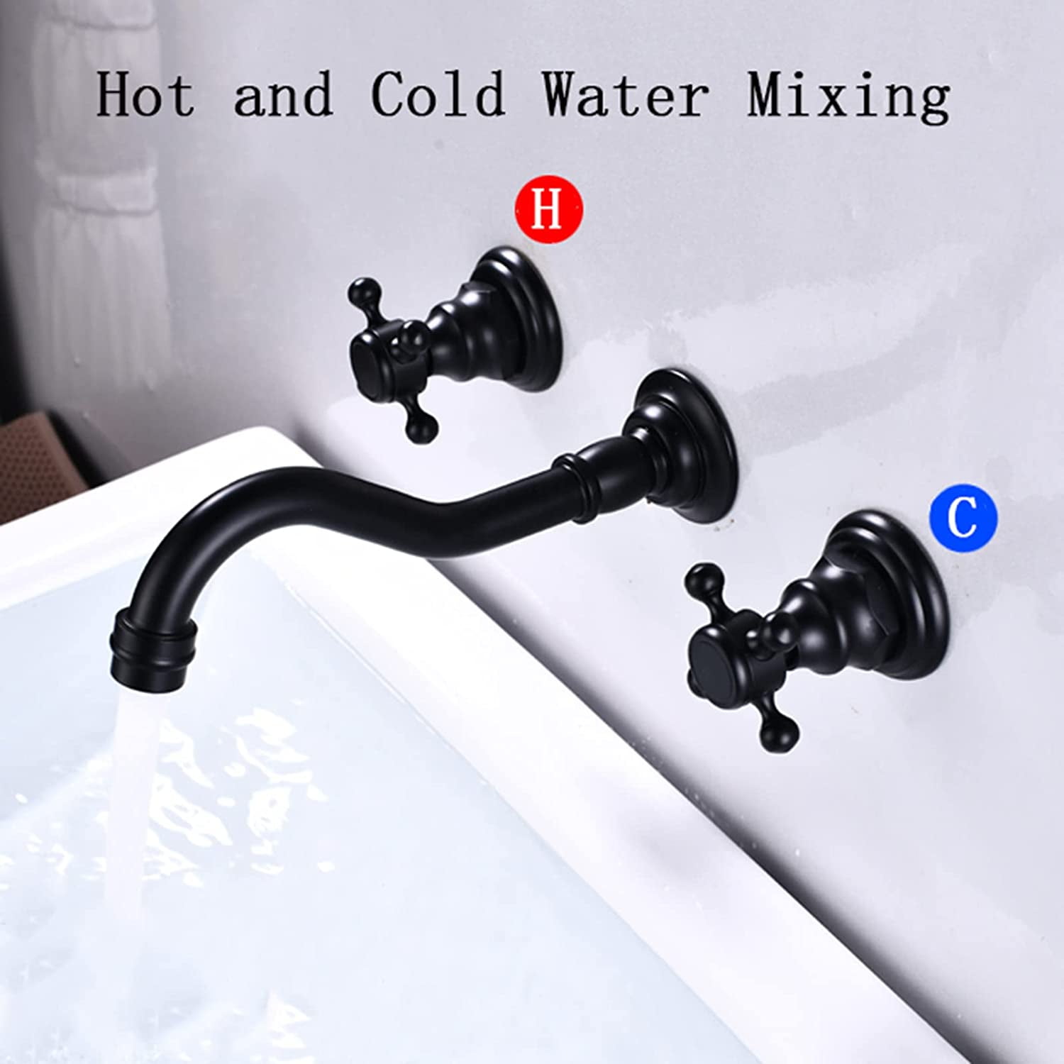 Wall Mounted Bathroom Sink Faucet Black,Hot and Cold Sink Mixer Tap Faucet,360 °Swivel Spout,Double Handle Wall Mount Brass Basin Mixer,A-Split