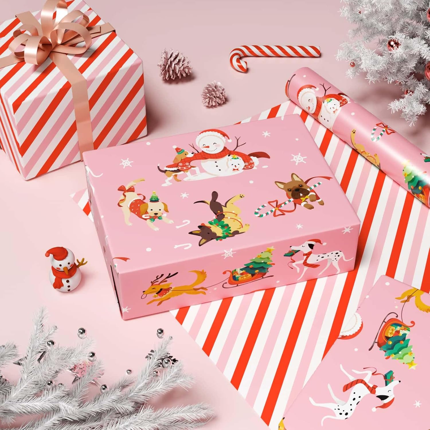 Dog Christmas Wrapping Paper Roll - 1 Roll 17”x 33 ft Pink Puppy Christmas Wrapping Paper Reversible Red Candy Cane Stripe Gift Wrap for Kids Adults Xmas Winter Puppy Party Celebration