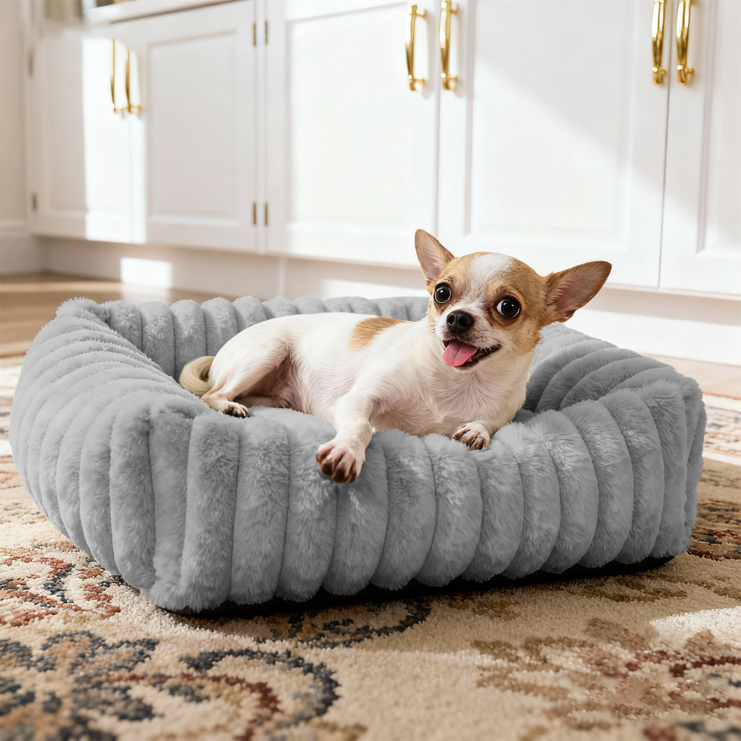 Sanmadrola Cat Bed for Indoor Cats Furry Corduroy Fleece Orthopedic Pet Bed Sofa Removable Washable Cover Non Skid Bottom, Grey