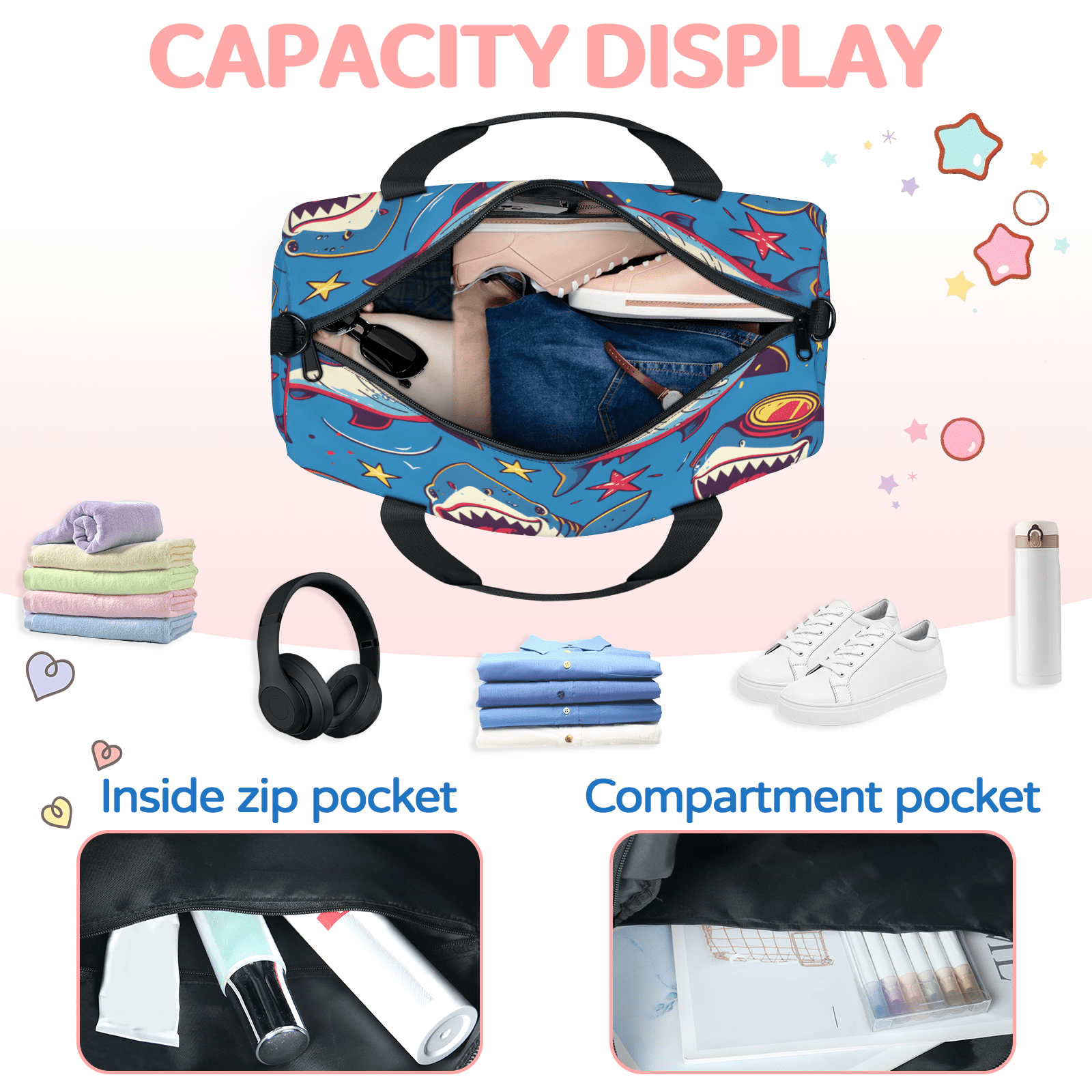 Herdesigns Funny Sharks Gym Bag for Women, Duffle Bag for Travel Sport, Skateboard Shark Lightweight Waterproof Carry on Weekender Dance Yoga Workout Bags
