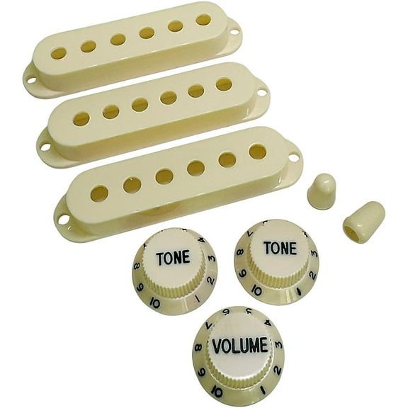AxLabs Pickup Covers, Knobs, & Switch Tips Set for Strat-Style Guitars - Vintage White, Vintage (52 mm) Black Font