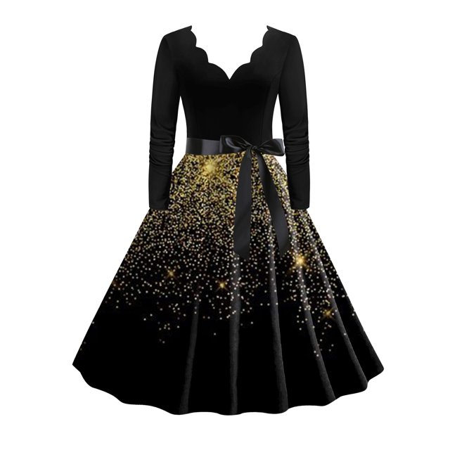 SZXZYGS Robes Midi pour Femmes Robes Formelles Fluides pour Femmes Robe de Fête Col en V Robe à Manches Longues Robe de Cocktail Robe Trapèze Évasée Robes de Soirée 2024