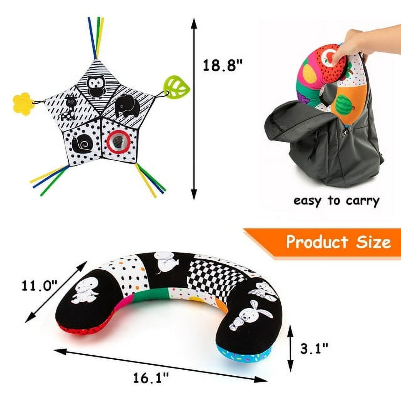 teytoy Newborn Baby Toys 0 3 6 Months,Tummy Time Pillow Toy, Black and White High Contrast Baby Toy with Mirror & Beating Play Activity mat,, Montessori Sensory Crawling Toy for Infant