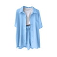 thumbnail image 2 of Two Piece Pants Set for Women Women's Cotton Linen Set Casual Button-up Short Sleeve Shirt Drawstring Shorts Sets with Pockets 2 Piece Summer Outfits Matching Sets New Light Blue S, 2 of 7