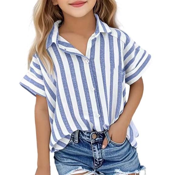 TBWNWG Girls Striped Knit Top Casual Loose Fit Lapel Open Front Short Sleeve Blouse Summer Fashion Tee,Sizes 11-12 Years