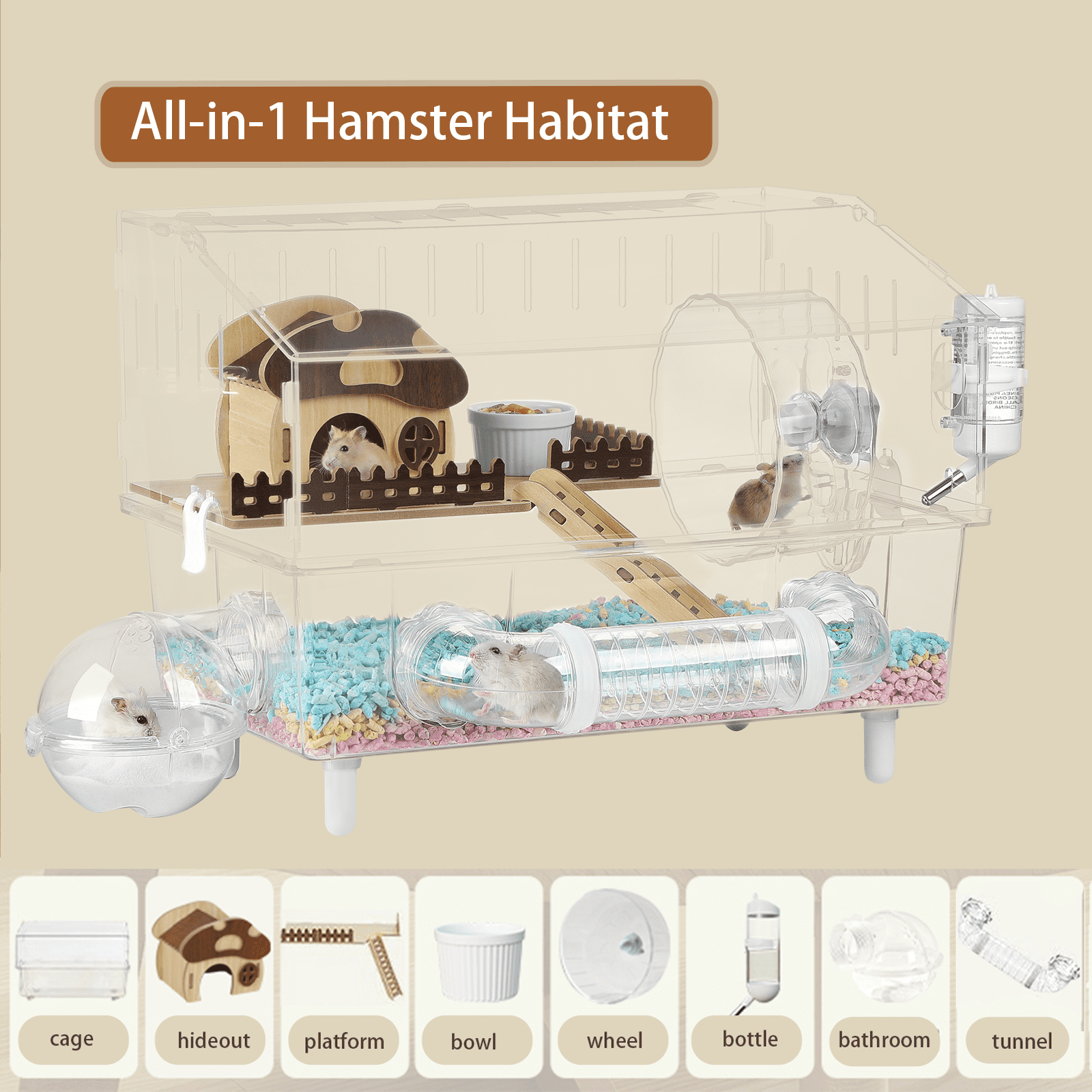Hamster Cage 8 in 1 with All Accessories, Acrylic Hamster Cages with Full Transparent Viewing, Excellent Ventilation, Castle Habitat, Dwarf Hamster Cage Suitable for Gerbil, Mice, Other Small Animals
