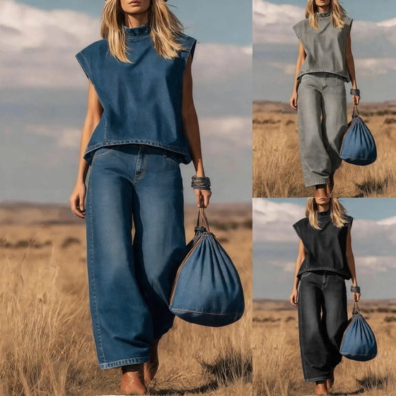 Womens Denim Two Piece Outfit Sleeveless Crew Neck Denim Top High Waist Wide Leg Pants Casual Denim Set Blue XL(XL)