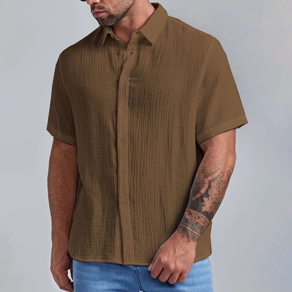 Gyexs Mens Short Sleeve Shirts Button Down Coffee Solid Color Soft Tops with Pocket Classic Fit Tees Shirt Holiday Men Apparel, Size XXL