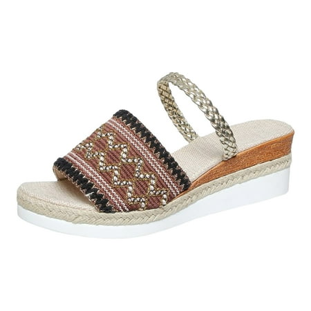 

Xboschi Comfortable Sandals For Women Sandals Dressy Ladies Summer Casual Colour Blocking Bohemian Style Weaving Thick Bottom Slope Heel Large Size Sandals Slippers